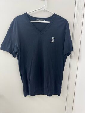 Dolce & Gabbana Men’s Dark Blue V-Neck Tee with Crest Motif